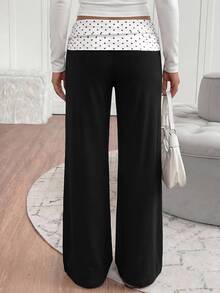 Tween Girls Polka Dot Patchwork Coffee Color Casual Long Pants - Black - View 4