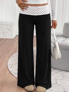 Tween Girls Polka Dot Patchwork Coffee Color Casual Long Pants - Black - View 3