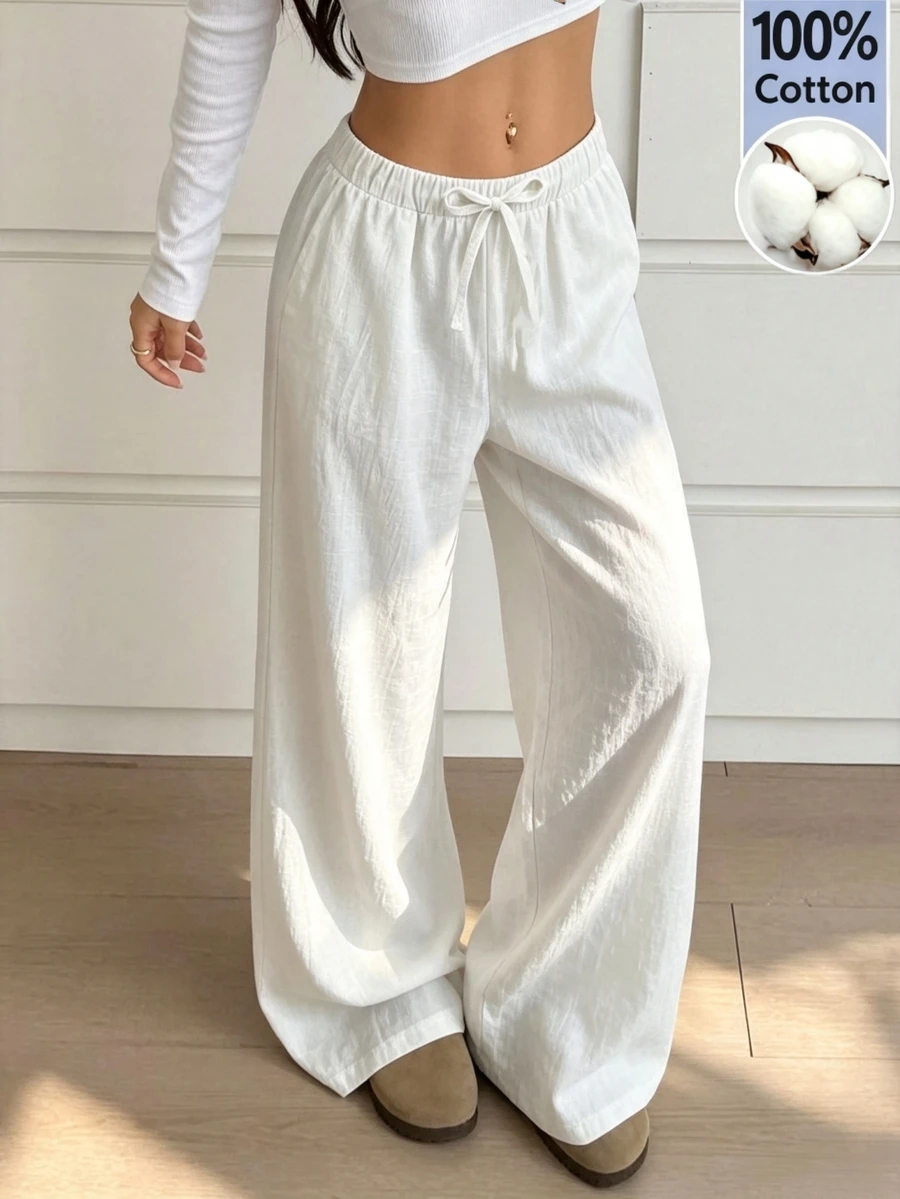 SHEIN 青少年女孩春夏海灘度假休閒日常百搭 100%純棉梭織舒適素色寬鬆長褲附口袋 - 白色 - 查看 1