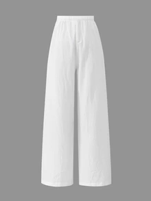 SHEIN 青少年女孩春夏海灘度假休閒日常百搭 100%純棉梭織舒適素色寬鬆長褲附口袋 - 白色 - 查看 3
