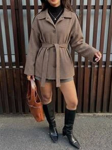 Aloruh Women's Elegant Casual Commute Autumn/Winter Brown And White Check Plaid Long Sleeve Mid-Length Coat Old Money Style Teachers' Day Office - Coffee Brown - View 4