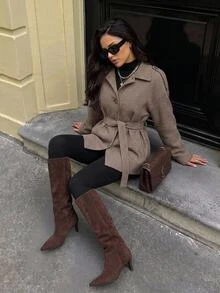 Aloruh Women's Elegant Casual Commute Autumn/Winter Brown And White Check Plaid Long Sleeve Mid-Length Coat Old Money Style Teachers' Day Office - Coffee Brown - View 5