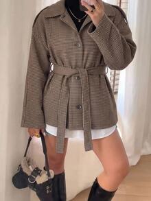 Aloruh Women's Elegant Casual Commute Autumn/Winter Brown And White Check Plaid Long Sleeve Mid-Length Coat Old Money Style Teachers' Day Office - Coffee Brown - View 6