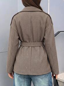 Aloruh Women's Elegant Casual Commute Autumn/Winter Brown And White Check Plaid Long Sleeve Mid-Length Coat Old Money Style Teachers' Day Office - Coffee Brown - View 2