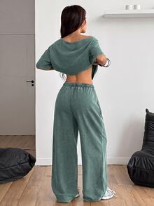 Coolane Women's Summer Streetwear Casual Sport Going Out Basic Daily Wear 100%Cotton Green Loose Asymmetrical Neck Short Sleeve T-Shirts And Pants 2pcs - Green - View 5