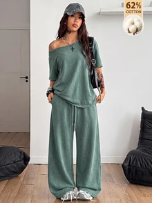 Coolane Women's Summer Streetwear Casual Sport Going Out Basic Daily Wear 100%Cotton Green Loose Asymmetrical Neck Short Sleeve T-Shirts And Pants 2pcs - Green - View 3