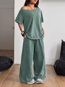 Coolane Women's Summer Streetwear Casual Sport Going Out Basic Daily Wear 100%Cotton Green Loose Asymmetrical Neck Short Sleeve T-Shirts And Pants 2pcs - Green - View 4