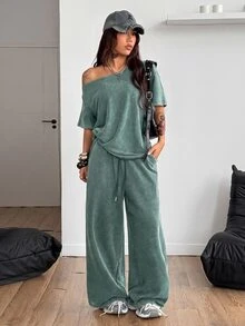 Coolane Women's Summer Streetwear Casual Sport Going Out Basic Daily Wear 100%Cotton Green Loose Asymmetrical Neck Short Sleeve T-Shirts And Pants 2pcs - Green - View 6