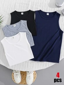 SHEIN 4pcs Tween Boys' Casual Comfortable Sleeveless Tops, Suitable For Spring/Summer, Versatile For Commuting, School, Leisure, Sports, Vacation - Multicolor - View 7