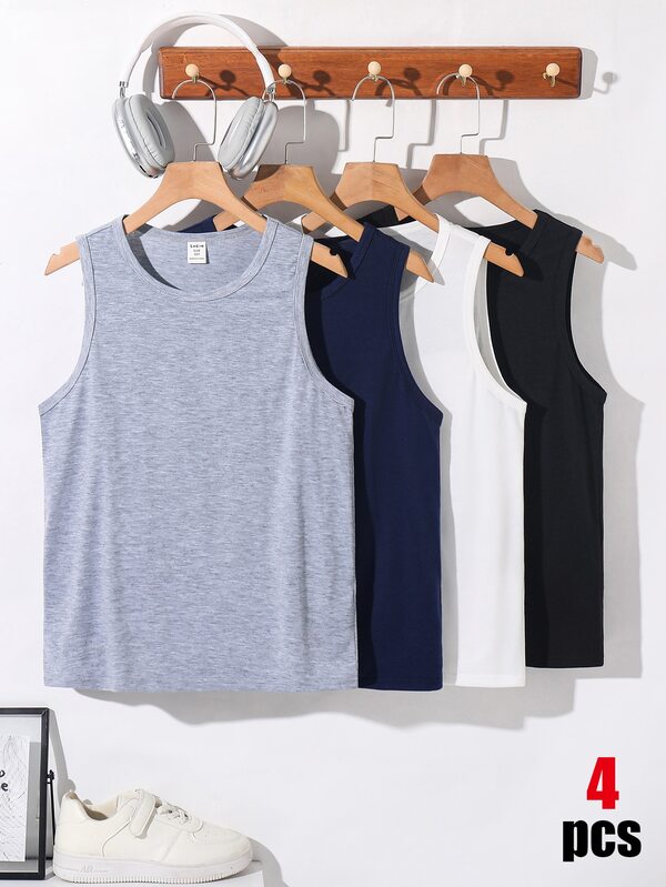 SHEIN 4件装男童休闲舒适无袖上衣，适合春夏穿着，用途广泛，可用于通勤、上学、休闲、运动、度假等场合。
