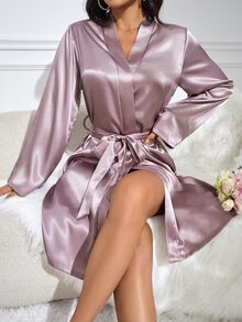 Elegant Embroidered Crown Women Belted Robe Luxeloungewear, Fall, Winter - Dusty Purple - View 3