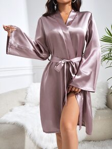 Elegant Embroidered Crown Women Belted Robe Luxeloungewear, Fall, Winter - Dusty Purple - View 5