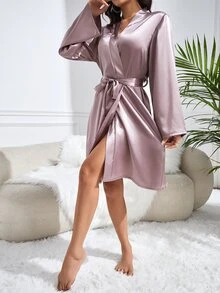 Elegant Embroidered Crown Women Belted Robe Luxeloungewear, Fall, Winter - Dusty Purple - View 6