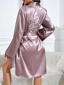 Elegant Embroidered Crown Women Belted Robe Luxeloungewear, Fall, Winter - Dusty Purple - View 7