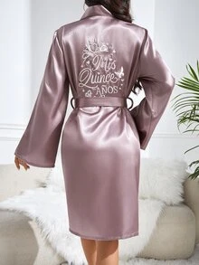 Elegant Embroidered Crown Women Belted Robe Luxeloungewear, Fall, Winter - Dusty Purple - View 2