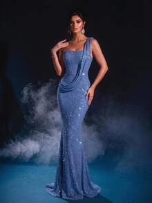 Glamrae Elegant Romantic Blue Sequin Lace One Shoulder Ruched Mermaid Floor Length Formal Evening Gown Prom Wedding Guest Party Dress For Women - Blue - View 8