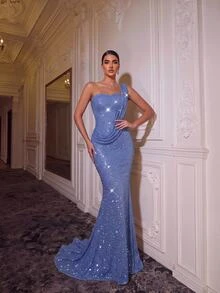 Glamrae Elegant Romantic Blue Sequin Lace One Shoulder Ruched Mermaid Floor Length Formal Evening Gown Prom Wedding Guest Party Dress For Women - Blue - View 5
