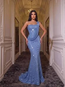 Glamrae Elegant Romantic Blue Sequin Lace One Shoulder Ruched Mermaid Floor Length Formal Evening Gown Prom Wedding Guest Party Dress For Women - Blue - View 4