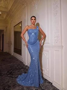 Glamrae Elegant Romantic Blue Sequin Lace One Shoulder Ruched Mermaid Floor Length Formal Evening Gown Prom Wedding Guest Party Dress For Women - Blue - View 2