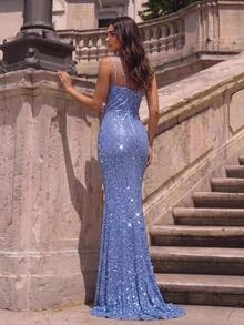 Glamrae Elegant Romantic Blue Sequin Lace One Shoulder Ruched Mermaid Floor Length Formal Evening Gown Prom Wedding Guest Party Dress For Women - Blue - View 3