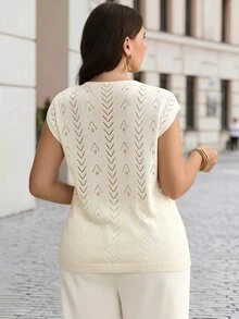 Velvienne Plus Size Casual Solid Color Hollow Knit Vest - Apricot - View 4