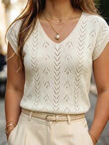Velvienne Plus Size Casual Solid Color Hollow Knit Vest - Apricot - View 1