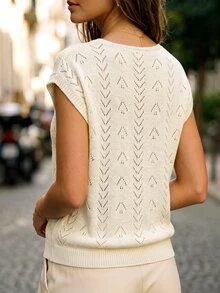 Velvienne Plus Size Casual Solid Color Hollow Knit Vest - Apricot - View 2