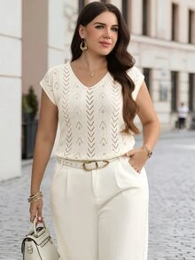 Velvienne Plus Size Casual Solid Color Hollow Knit Vest - Apricot - View 5