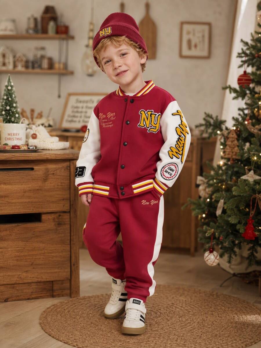 Playful Pals 2pcs Toddler Boy Baseball Jacket Pants Preppy Burgundy White Letter Embroidery Long Sleeve Ribbed Collar Regular School Fall Jogging Cozy Cargo - Red - View 1