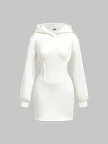 SHEIN MOD Apricot Waist-Cinching Hooded Sweatshirt Dress - Apricot - View 3