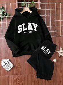 Teen Girls Black Hoodie Sweatshirt, Slay Slogan Print Autumn Streetwear Outfit For Holiday Back-To-School, Daily Fall Winter Sweatsuit Set Outfit - Multicolor - View 1