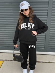 Teen Girls Black Hoodie Sweatshirt, Slay Slogan Print Autumn Streetwear Outfit For Holiday Back-To-School, Daily Fall Winter Sweatsuit Set Outfit - Multicolor - View 2