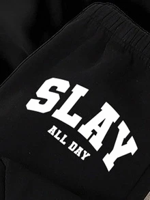 Teen Girls Black Hoodie Sweatshirt, Slay Slogan Print Autumn Streetwear Outfit For Holiday Back-To-School, Daily Fall Winter Sweatsuit Set Outfit - Multicolor - View 4