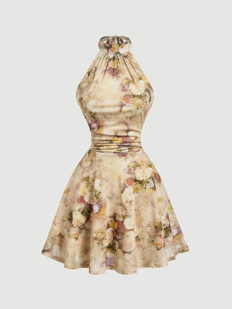 SHEIN MOD Gaun Mini Vintage Bermotif Bunga dengan Pita dan Tanpa Punggung - MultiWarna - View 6