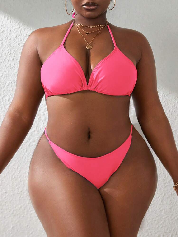 Slaydiva Plus Size Women's Plain Color Halter Tied Sexy 4Pcs Bikini Set With Cover Up Top & Cover Up Skirt Summer - Hot Pink - View 3