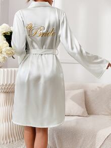 SHEIN 女士字母刺绣系带浴袍，奢华家居服，秋冬舒适优雅细节 - 白色 - 查看 2