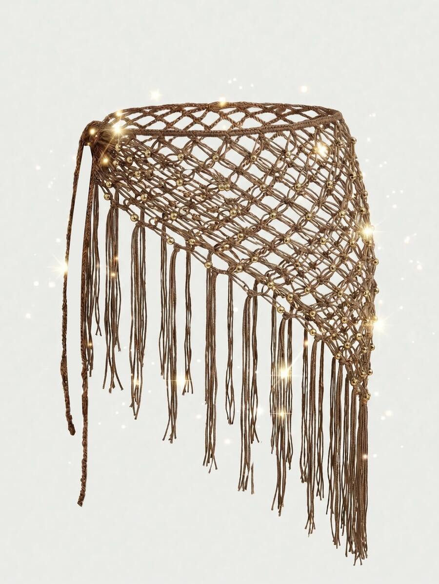 Swim Oasis Women's Hollow Out Beaded And Tassel Decor Cover Up Suitable For Beach Vacation Brown Summer Beaded Boho - Multicolor - View 1