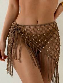 Swim Oasis Women's Hollow Out Beaded And Tassel Decor Cover Up Suitable For Beach Vacation Brown Summer Beaded Boho - Multicolor - View 3