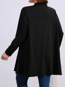 大码女式黑色不对称下摆宽松休闲开衫，适合通勤和户外 - 黑色 - 查看 2