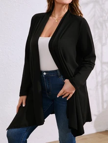 大码女式黑色不对称下摆宽松休闲开衫，适合通勤和户外 - 黑色 - 查看 7