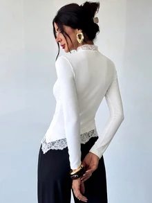 Firerie Lace Patchwork Semi-High Neck Slim Fit Flattering Solid Color Top, Casual Versatile Base Layer For Hot Girls - White - View 4