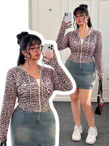 CovetEZ Plus Size Elastic Casual Retro Leopard Print YK Letter Sporty Jacket/Winter - Brown - View 10
