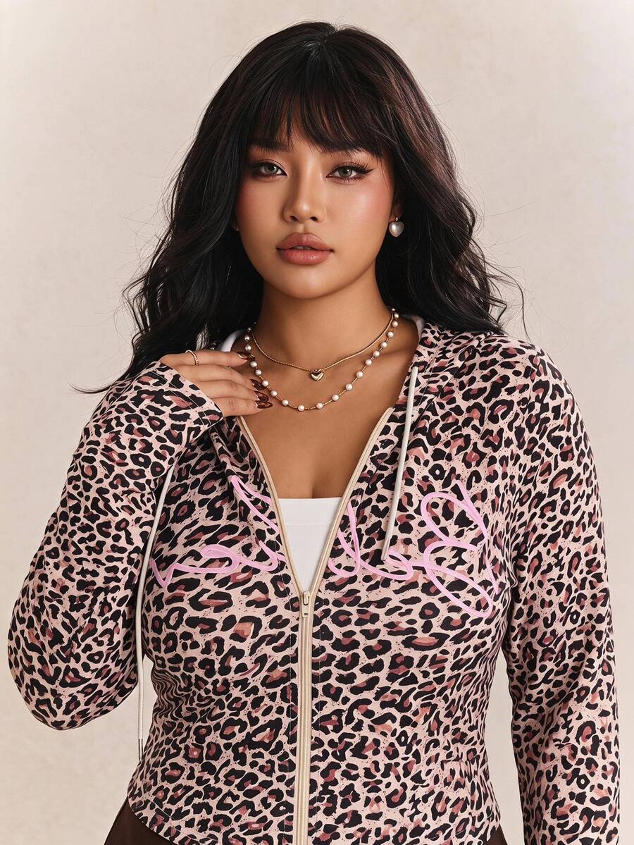 CovetEZ Plus Size Elastic Casual Retro Leopard Print YK Letter Sporty Jacket/Winter - Brown - View 1
