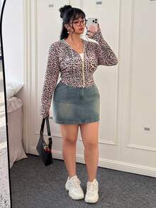 CovetEZ Plus Size Elastic Casual Retro Leopard Print YK Letter Sporty Jacket/Winter - Brown - View 3