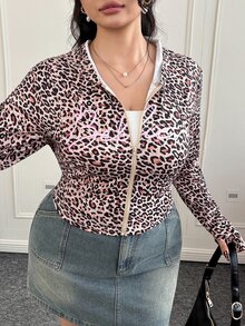 CovetEZ Plus Size Elastic Casual Retro Leopard Print YK Letter Sporty Jacket/Winter - Brown - View 11