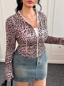 CovetEZ Plus Size Elastic Casual Retro Leopard Print YK Letter Sporty Jacket/Winter - Brown - View 8
