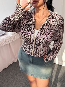 CovetEZ Plus Size Elastic Casual Retro Leopard Print YK Letter Sporty Jacket/Winter - Brown - View 9