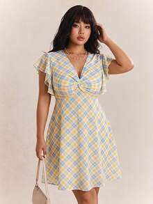 CovetEZ Plus Size White,Summer,Classy,Date Night Blue And Yellow Plaid Chiffon Twist Knot Cinched Waist Ruffle Hem Flutter Sleeve Retro Vintage A-Line Dress - Multicolor - View 1