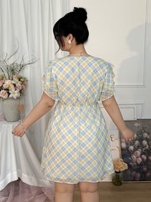 CovetEZ Plus Size White,Summer,Classy,Date Night Blue And Yellow Plaid Chiffon Twist Knot Cinched Waist Ruffle Hem Flutter Sleeve Retro Vintage A-Line Dress - Multicolor - View 2