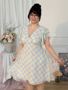 CovetEZ Plus Size White,Summer,Classy,Date Night Blue And Yellow Plaid Chiffon Twist Knot Cinched Waist Ruffle Hem Flutter Sleeve Retro Vintage A-Line Dress - Multicolor - View 3